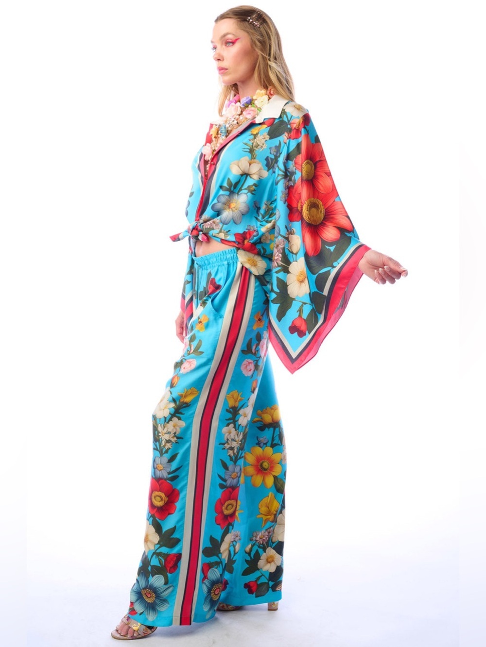 Aratta Blue Floral Wide Leg Pants L Boho Resort Coastal Grandma NWT - Picture 8 of 8